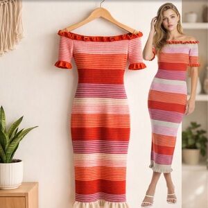 DEE ELLY Off-The-Shoulder Striped Knit Ruffle Hem in Sunset Midi Dress Sz SMALL